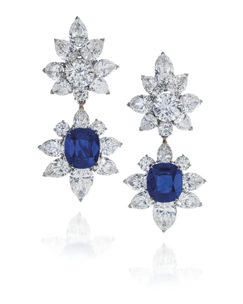 Sapphire and Diamond Earrings Cushion-shaped Sapphires of 6.54 and 6.24 Carats, Round and Pear-shaped Diamonds, 18K Whit