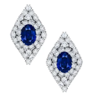 Sapphire and Diamond Earrings, Oval-shaped Sapphires of 12.79 and 9.63 Carats, Circular-cut Diamonds, Platinum and Gold