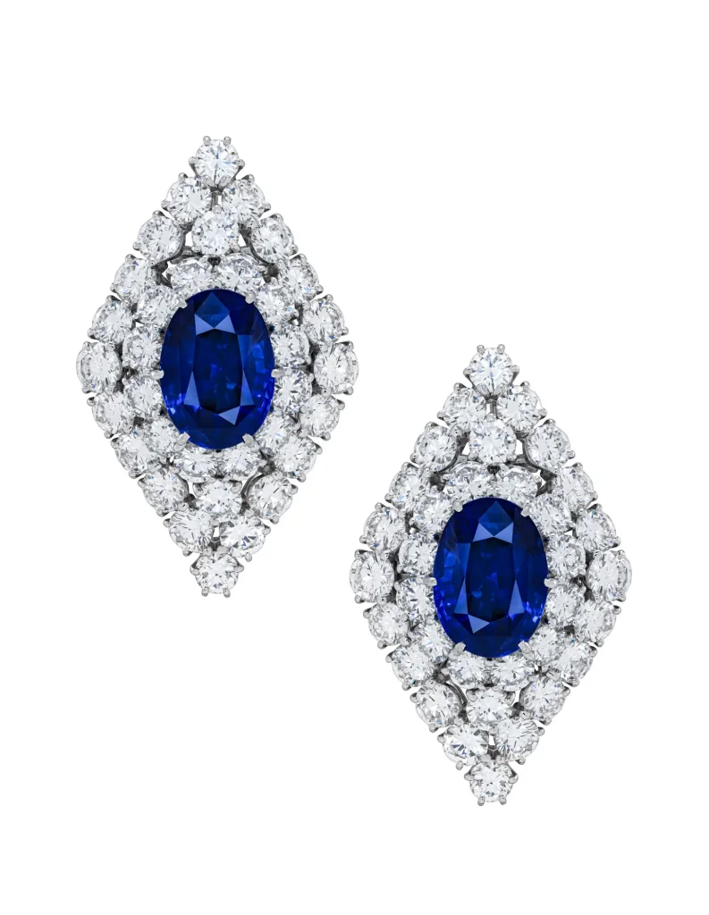 Sapphire and Diamond Earrings, Oval-shaped Sapphires of 12.79 and 9.63 Carats, Circular-cut Diamonds, Platinum and Gold