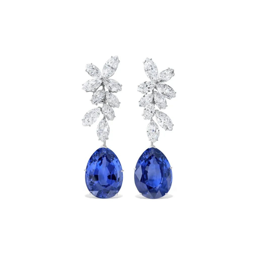 Sapphire and Diamond Earrings Pear-shaped Sapphires of 29.13 and 25.68 Carats, Marquise-shaped Diamonds, Platinum and 18