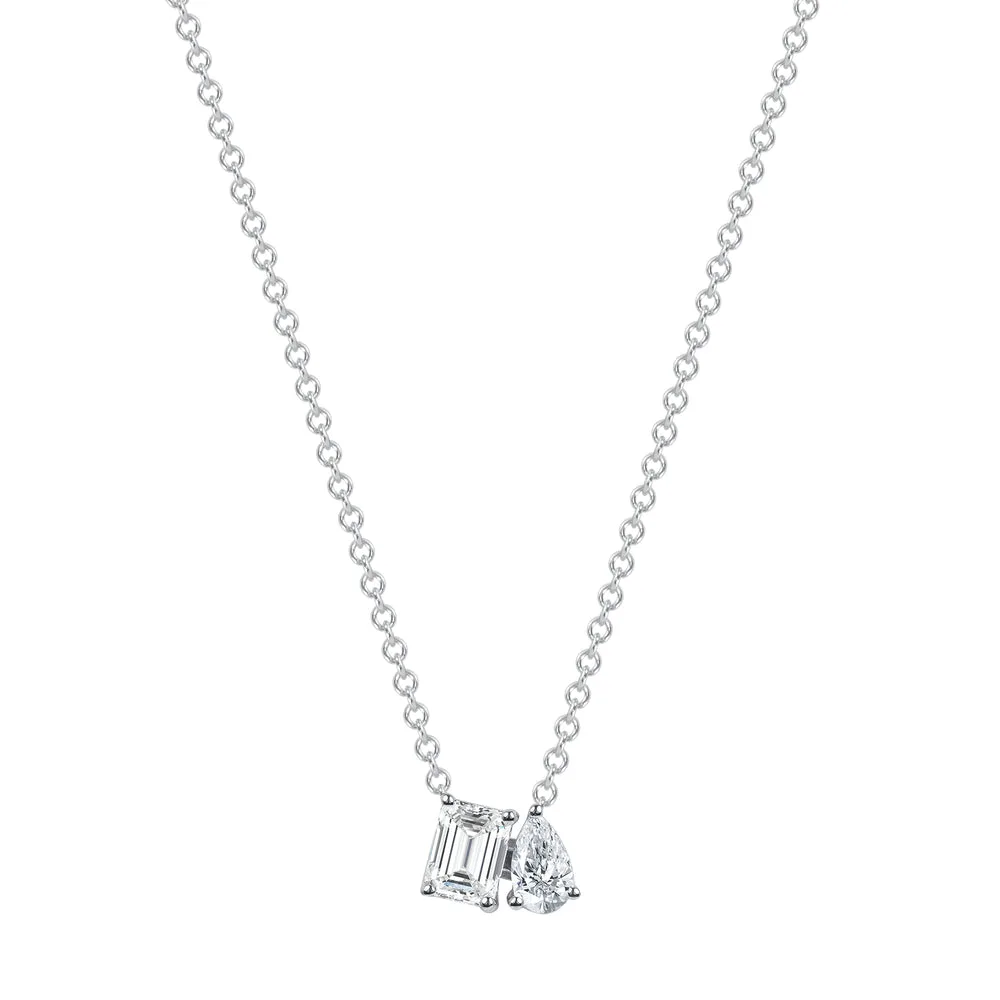 0.58 CT EMERALD & PEAR CUT DIAMOND TOI ET MOI PENDANT NECKLACE IN 14K WHITE GOLD