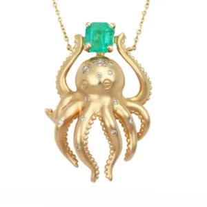 1.09tcw Natural Emerald & Diamond Octopus Necklace 14K