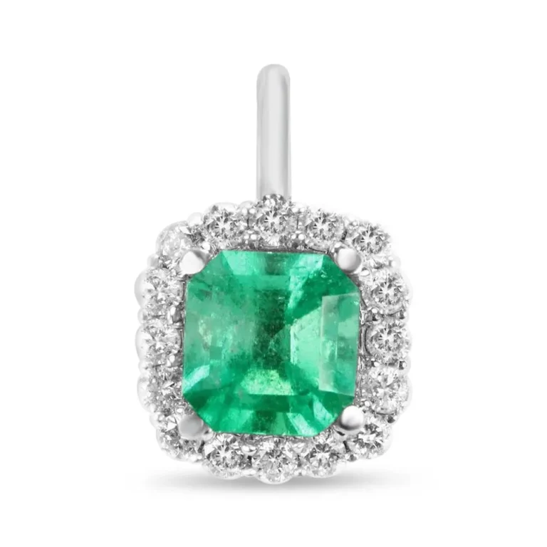 1.75tcw Asscher Cut Electric Green Colombian Emerald & Diamond Halo Necklace 14K