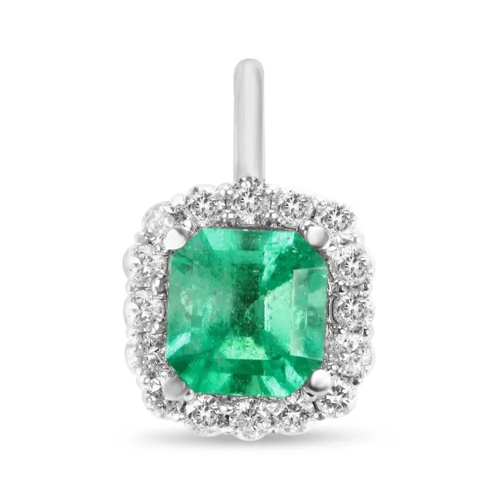 1.75tcw Asscher Cut Electric Green Colombian Emerald & Diamond Halo Necklace 14K