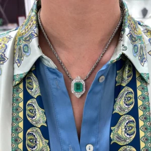 10.21tcw 14K Colombian Emerald Cut & Diamond Rare Vivid Medium Green Halo Cluster Necklace