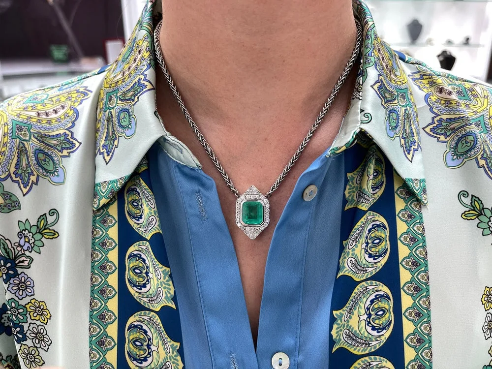 10.21tcw 14K Colombian Emerald Cut & Diamond Rare Vivid Medium Green Halo Cluster Necklace