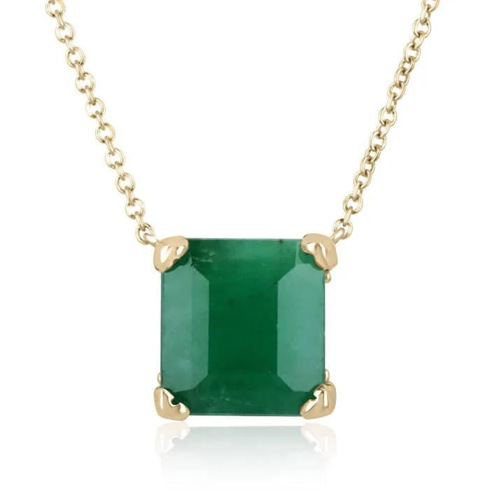 10.50 Carat 14K Gold Deep Green Large 14x14 Solitaire Square Emerald Stationary Anniversary Necklace