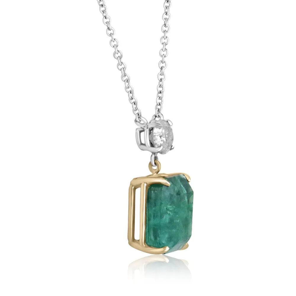 10.57tcw 14K Gold Emerald & Diamond Two Stone Dangle Stationary Necklace