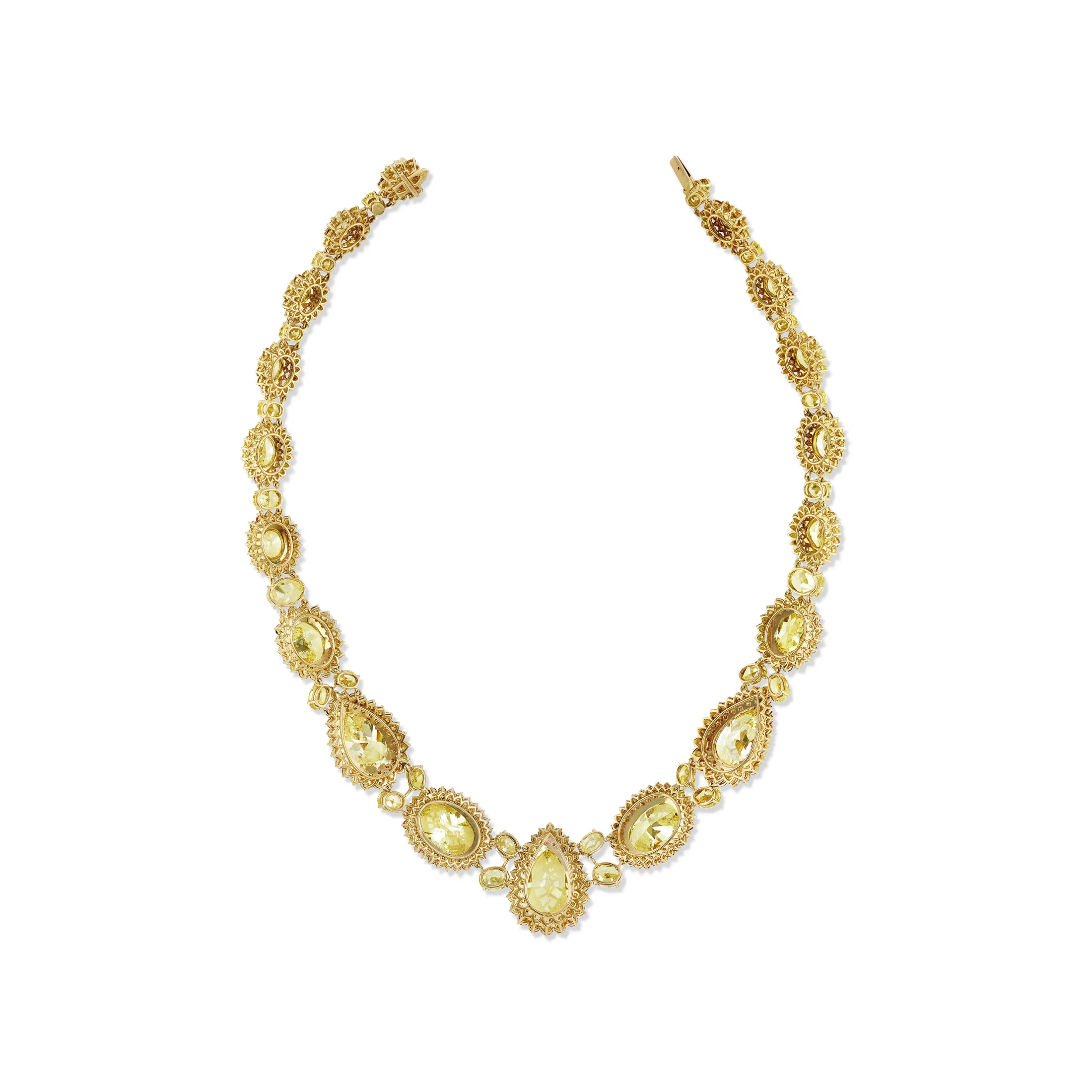 Fancy yellow diamond necklace totalling 100 carats, graduated stones, detail view
