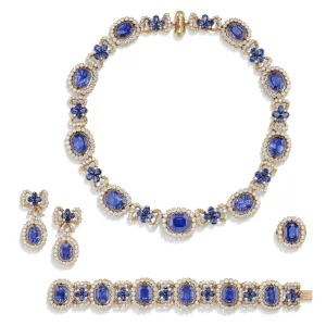 100 carats of sapphire and diamond necklace, ring, earring , bracelet suite