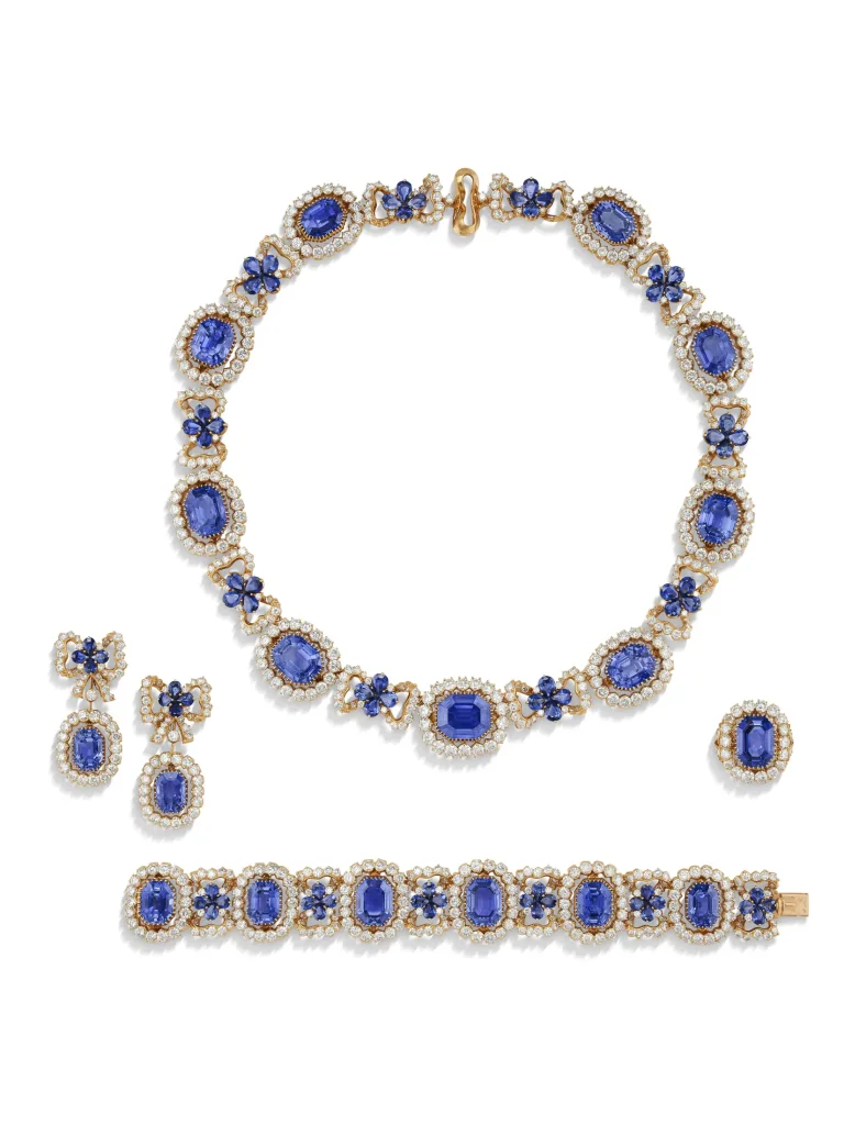 100 carats of sapphire and diamond necklace, ring, earring , bracelet suite