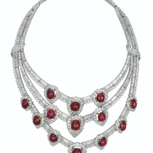 100 carats RETRO RUBY AND DIAMOND NECKLACE Oval and round cabochon rubies, round, baguette and square-cut diamonds, 18k