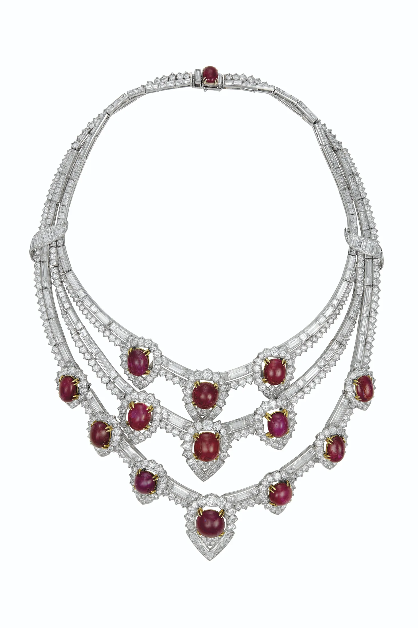 100 carats RETRO RUBY AND DIAMOND NECKLACE Oval and round cabochon rubies, round, baguette and square-cut diamonds, 18k