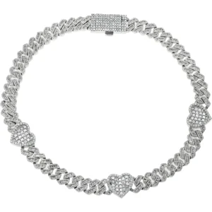 10K White Gold 13mm Asscher, Baguette & Round Diamond Triple Heart Cuban Link Chain 26.11ct