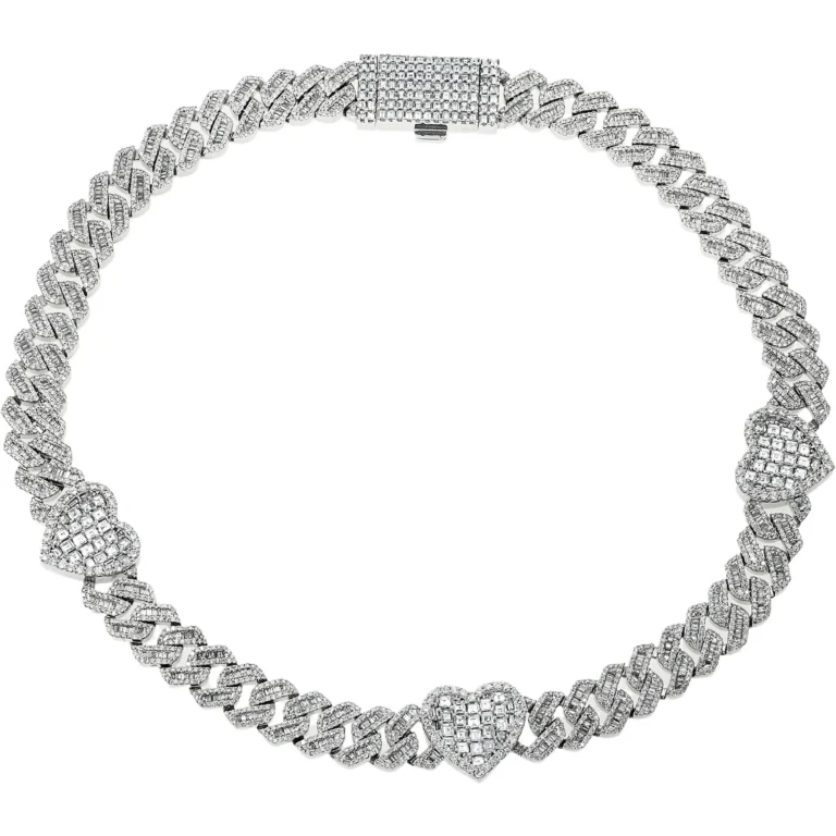 10K White Gold 13mm Asscher, Baguette & Round Diamond Triple Heart Cuban Link Chain 26.11ct