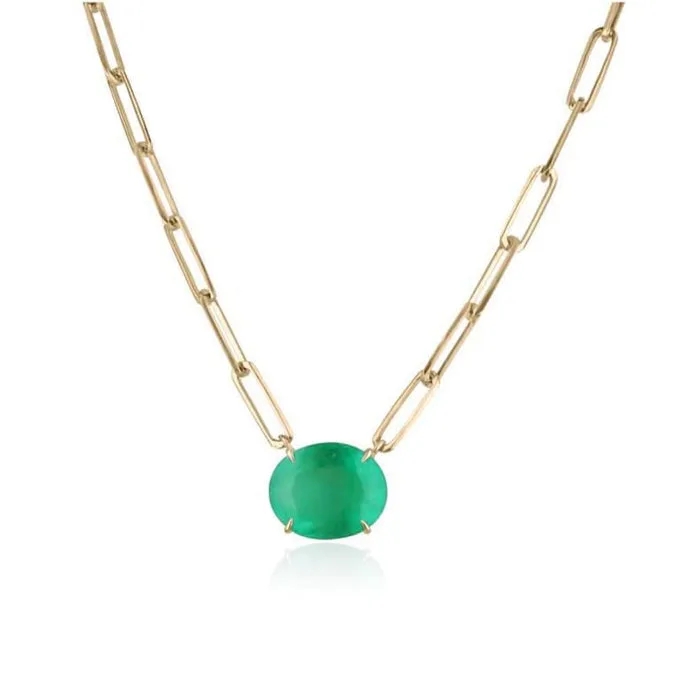 12.41ct 14K East to West Oval Large Colombian Emerald Statement Paper Clip Necklace