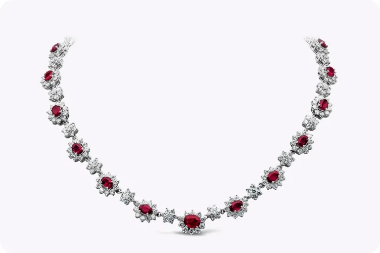 14.01 Carats Total Oval Cut Ruby & Diamond Halo Necklace in White Gold