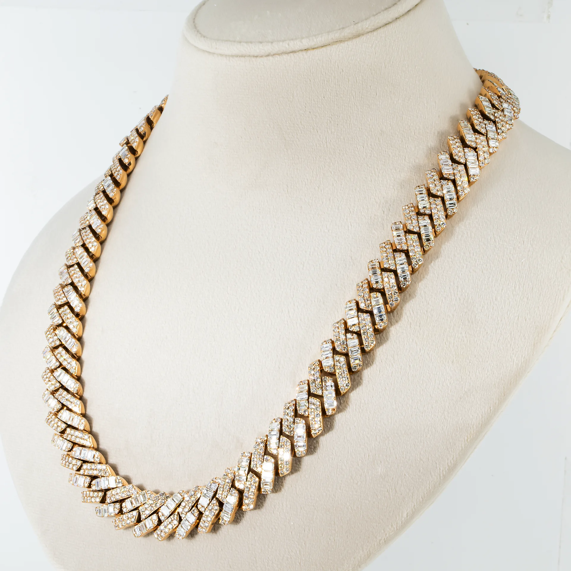 14K Rose Gold 15mm Emerald & Round Diamond Cuban Link Chain