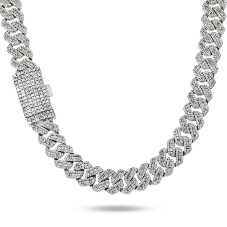 14K White Gold 13mm Emerald Cut Diamond Cuban Link Chain 58.65ct