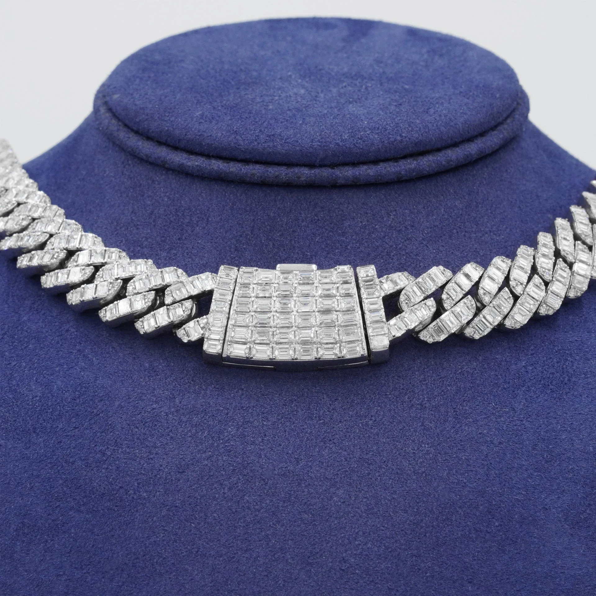 14K White Gold 20mm Emerald Cut Diamond Cuban Link Chain 94.10ct