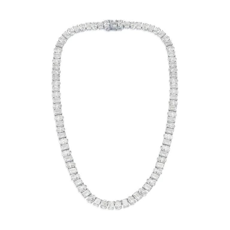14K White Gold Oval & Emerald Cut Diamond Chain 82.59ct