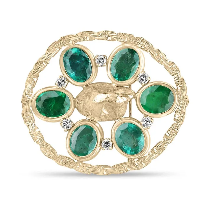 15.84tcw 14K Nugget Centerpiece Natural Medium Rich Green Oval Emerald & Round Diamond Brooch Necklaces