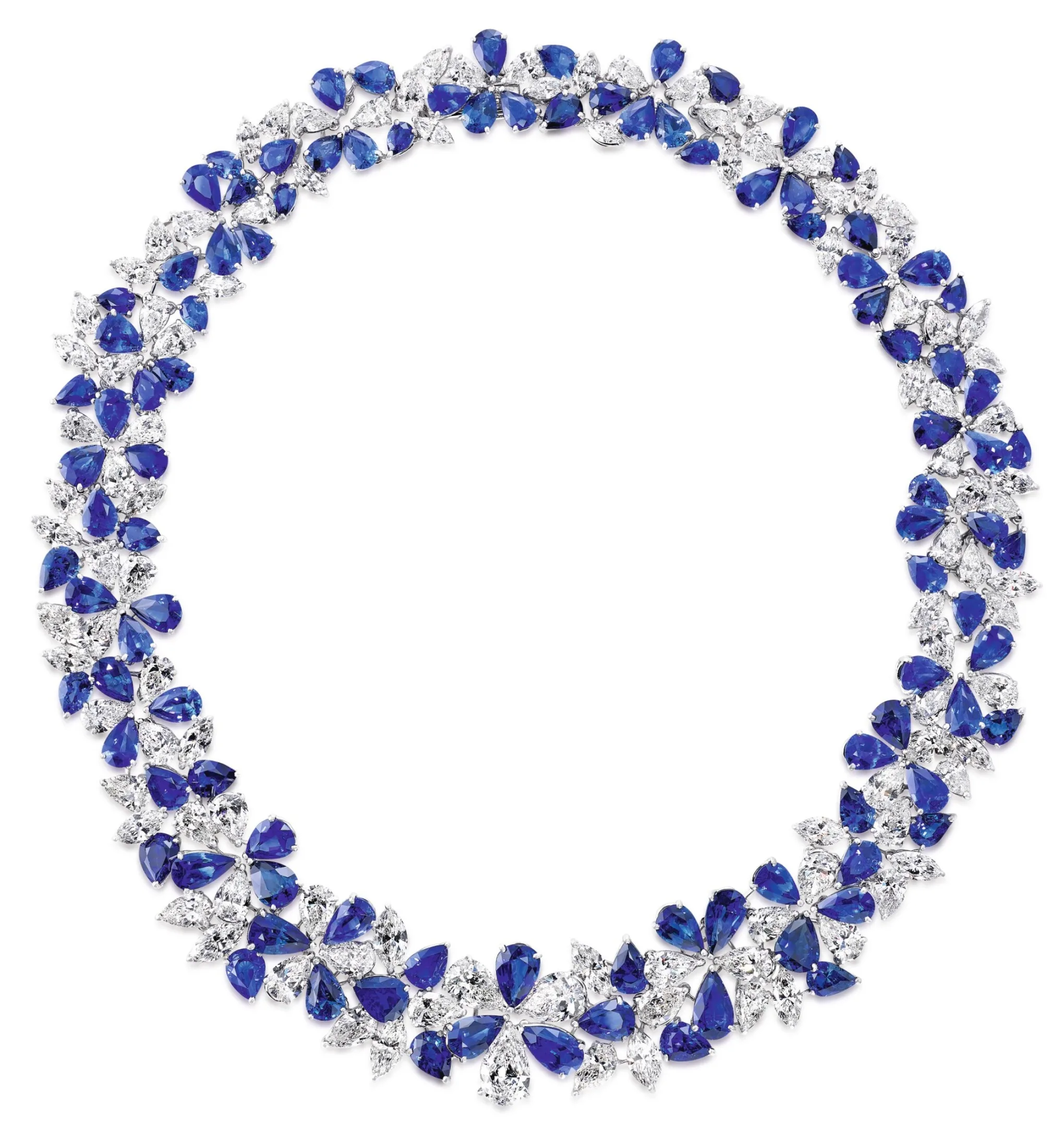 160 carats SAPPHIRE AND DIAMOND NECKLACE Designed as a band composed of clusters of pear-shaped sapphires and diamonds,