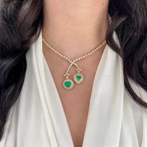18.00tcw AAA+ Colombian Emerald Heart & Diamond Tennis Lariat Necklace 18K