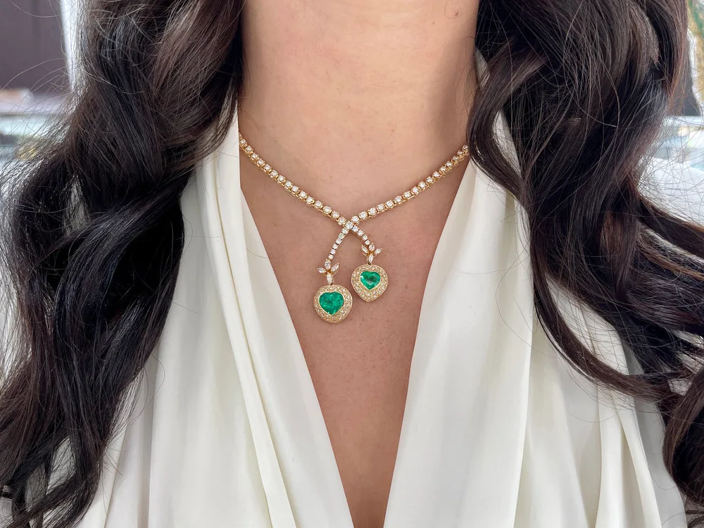 18.00tcw AAA+ Colombian Emerald Heart & Diamond Tennis Lariat Necklace 18K