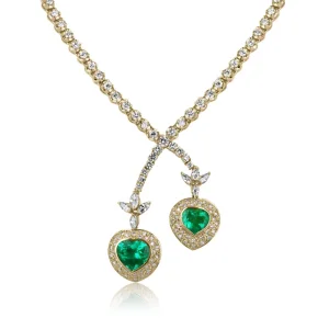 18.00tcw AAA+ Colombian Emerald Heart & Diamond Tennis Lariat Necklace 18K