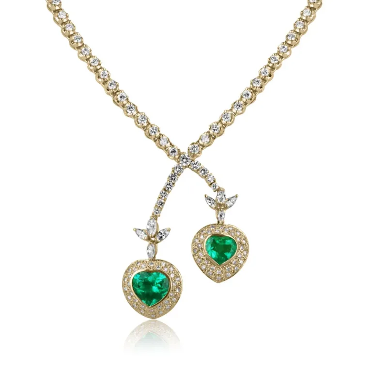18.00tcw AAA+ Colombian Emerald Heart & Diamond Tennis Lariat Necklace 18K