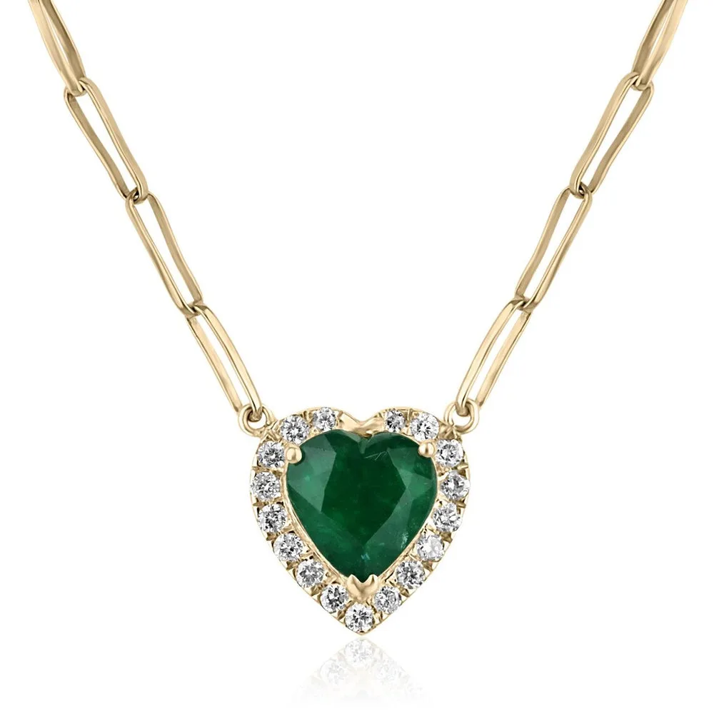2.0Tcw Heart Emerald Glows In Diamond Halo Pendant Necklace