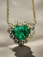 2.24tcw Colombian Emerald Heart & Diamond Bubble Halo Necklace 18K