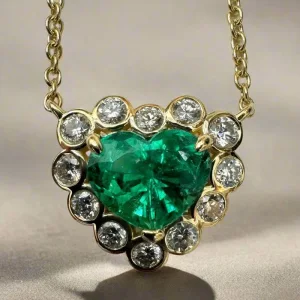 2.24tcw Colombian Emerald Heart & Diamond Bubble Halo Necklace 18K