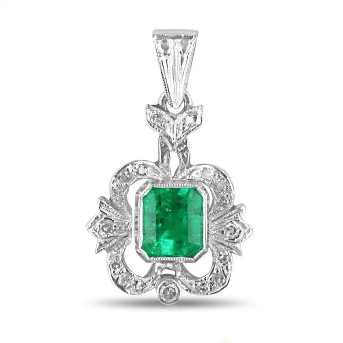 2.50tcw 14K Art Deco Natural Bezel Set Colombian Emerald & Diamond Accent Vintage Emerald Gold Necklace
