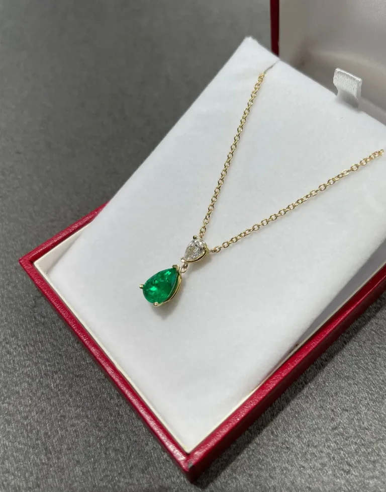 2.58tcw AAA+ Colombian Emerald & Diamond Teardrop Pear Dangle Necklace 18K