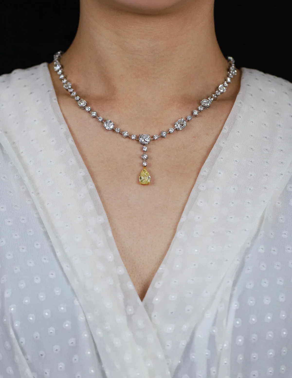 2.79 Carats Pear Shape Yellow Diamond Drop Pendant Necklace in Platinum