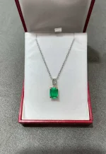 2.95tcw Emerald Cut Vivid Green Colombian Emerald & Emerald Cut Diamond Dangle Necklace 18K