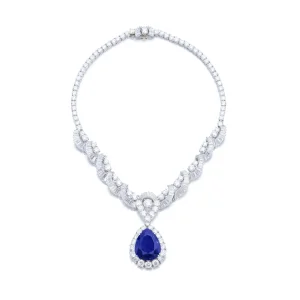 20 carat sapphire drop Important sapphire and diamond necklace The front of scroll design set with brilliant-cut, baguet