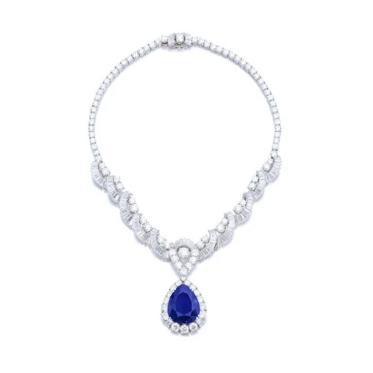 20 carat sapphire drop Important sapphire and diamond necklace The front of scroll design set with brilliant-cut, baguet