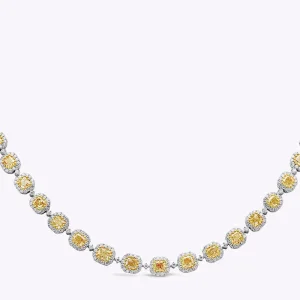23.33 Carats Total Cushion Cut Yellow Diamond Halo Tennis Necklace in Two-Tone Gold