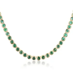 25.50tcw 14K Natural Round Medium Green Emerald Bezel Tennis Necklace