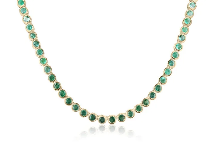 25.50tcw 14K Natural Round Medium Green Emerald Bezel Tennis Necklace