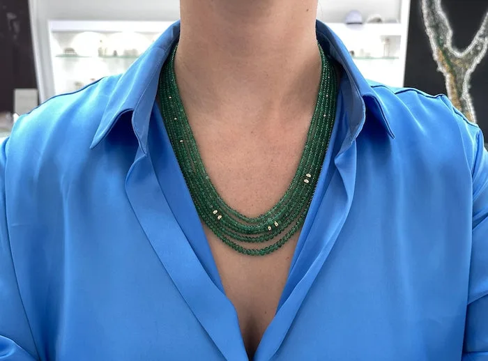 294+ Carat 14K Medium Green Round Emerald Rondelle Five Strand Bead Necklace