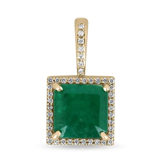 3.15tcw 14K Deep Green Princess Asscher Cut Emerald & Diamond Halo Gold Pendant Necklace