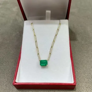 3.25 Carat East to West Rich Deep Green Emerald Paper Clip Gold Emerald Necklace 14K