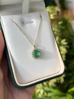 3.25tcw Emerald Oval & Diamond Halo Necklace Gold 14K