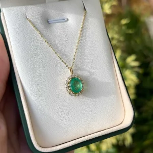 3.25tcw Emerald Oval & Diamond Halo Necklace Gold 14K
