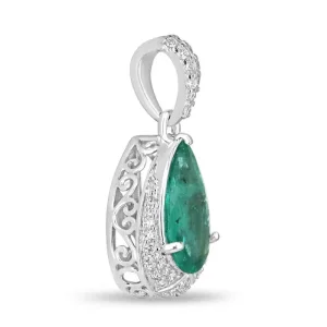3.37tcw 14K Natural Pear Cut Emerald & Diamond Accent Pendant Necklace Bluish Green White Gold Floral Setting
