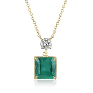 3.50tcw 14K Natural Emerald-Asscher Cut & Champagne Diamond Accent Gold Dangle Necklace